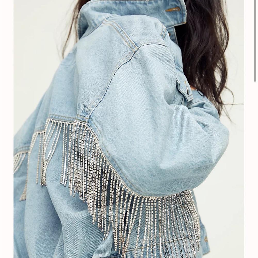 Free People Denim Bomber With Rhinestone Fringe